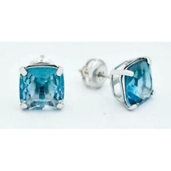Genuine 6.58 Cts Blue Zircon Earrings  14k White Gold